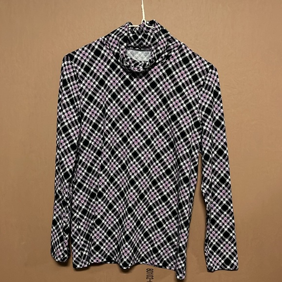 Talbots shirt medium petite light cotton long sleeve turtleneck plaid black pink - Picture 7 of 7